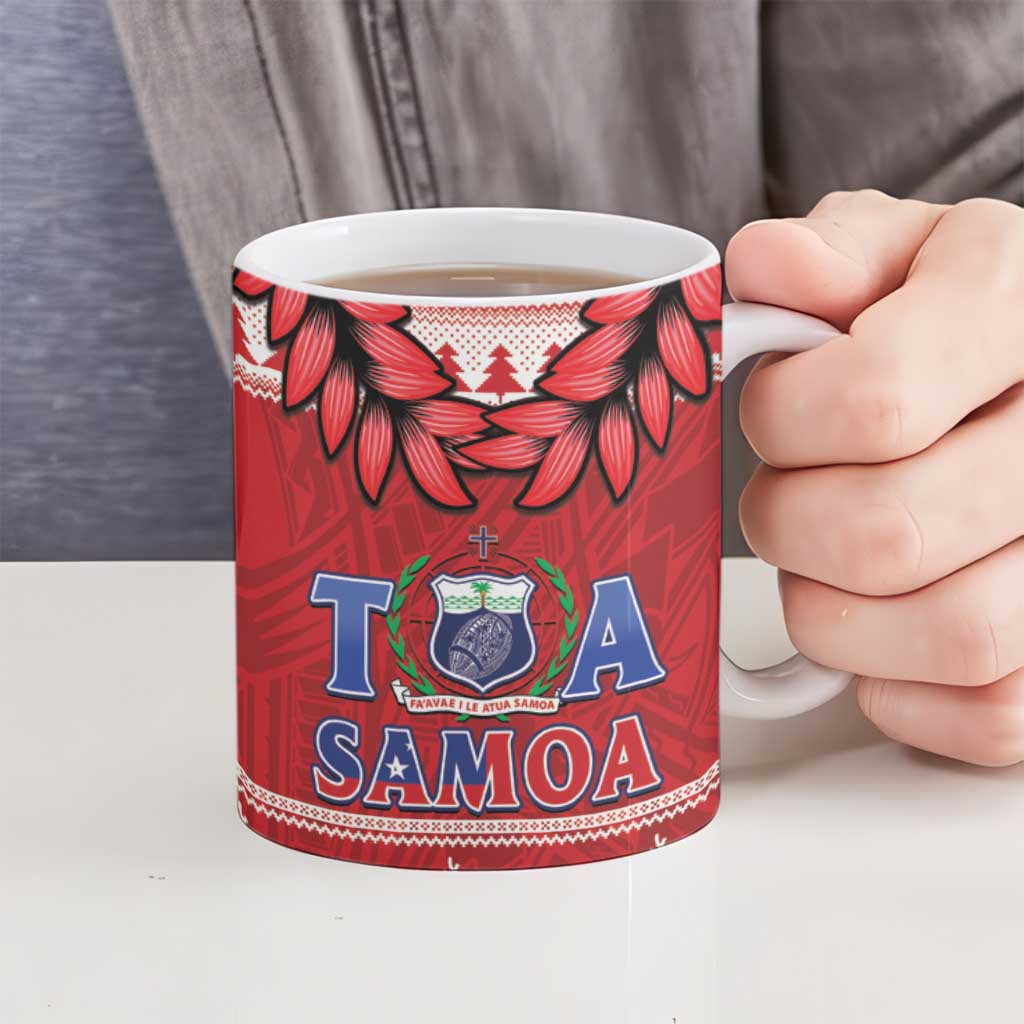 Toa Samoa Rugby Christmas Ceramic Mug Ula Fala Samoan Pattern Red - Polynesian Pride
