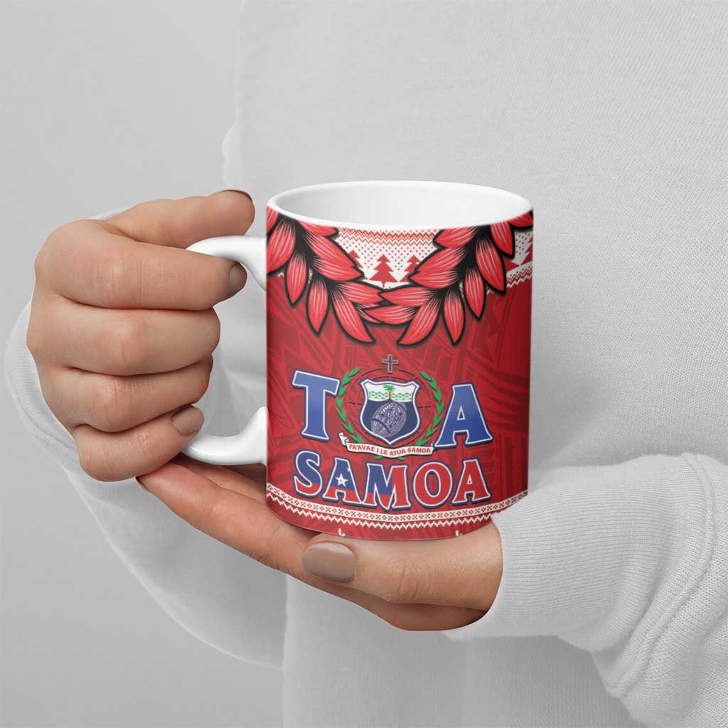 Toa Samoa Rugby Christmas Ceramic Mug Ula Fala Samoan Pattern Red - Polynesian Pride