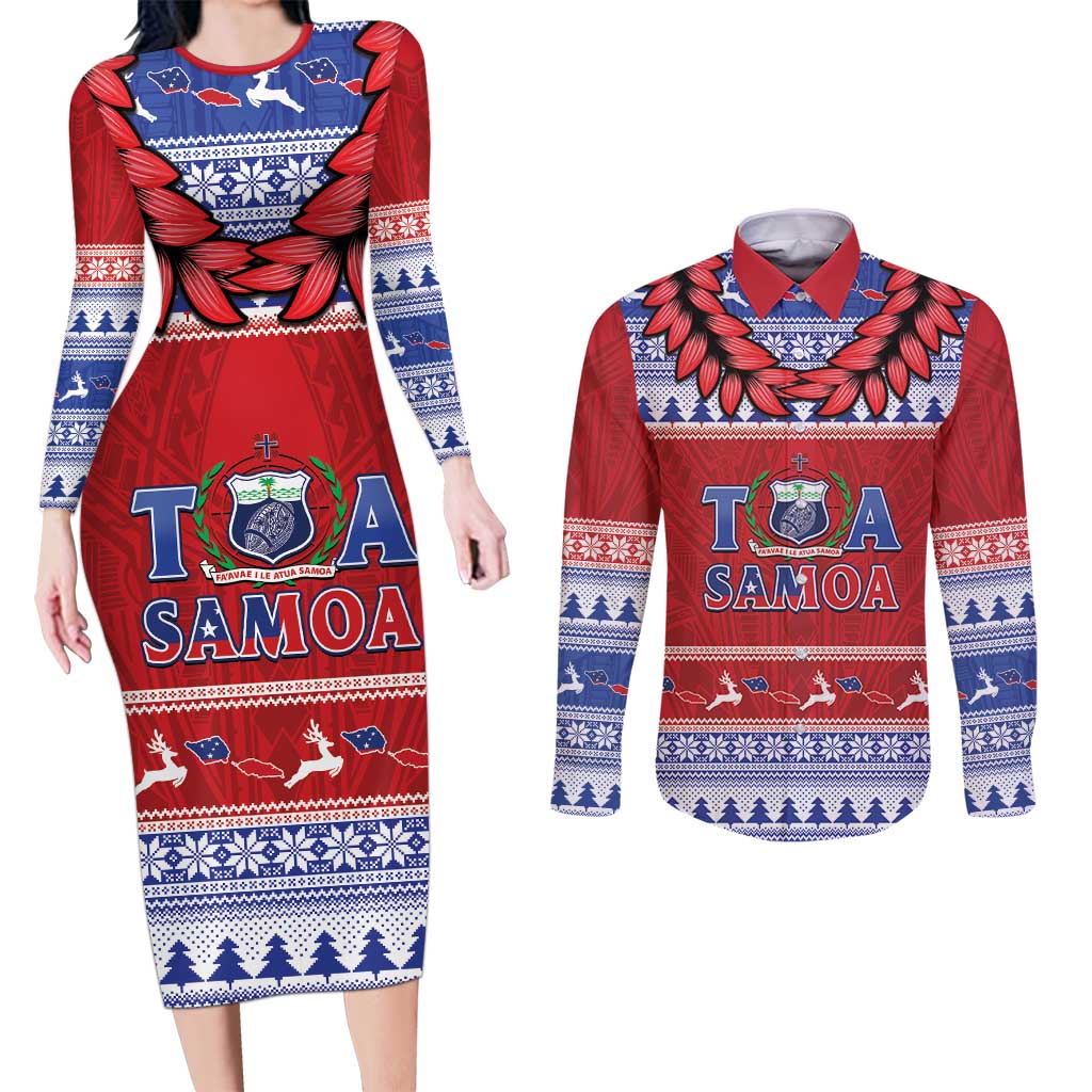 Personalised Toa Samoa Rugby Christmas Couples Matching Long Sleeve Bodycon Dress and Long Sleeve Button Shirt Ula Fala Samoan Pattern Red - Polynesian Pride