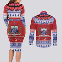Personalised Toa Samoa Rugby Christmas Couples Matching Long Sleeve Bodycon Dress and Long Sleeve Button Shirt Ula Fala Samoan Pattern Red - Polynesian Pride