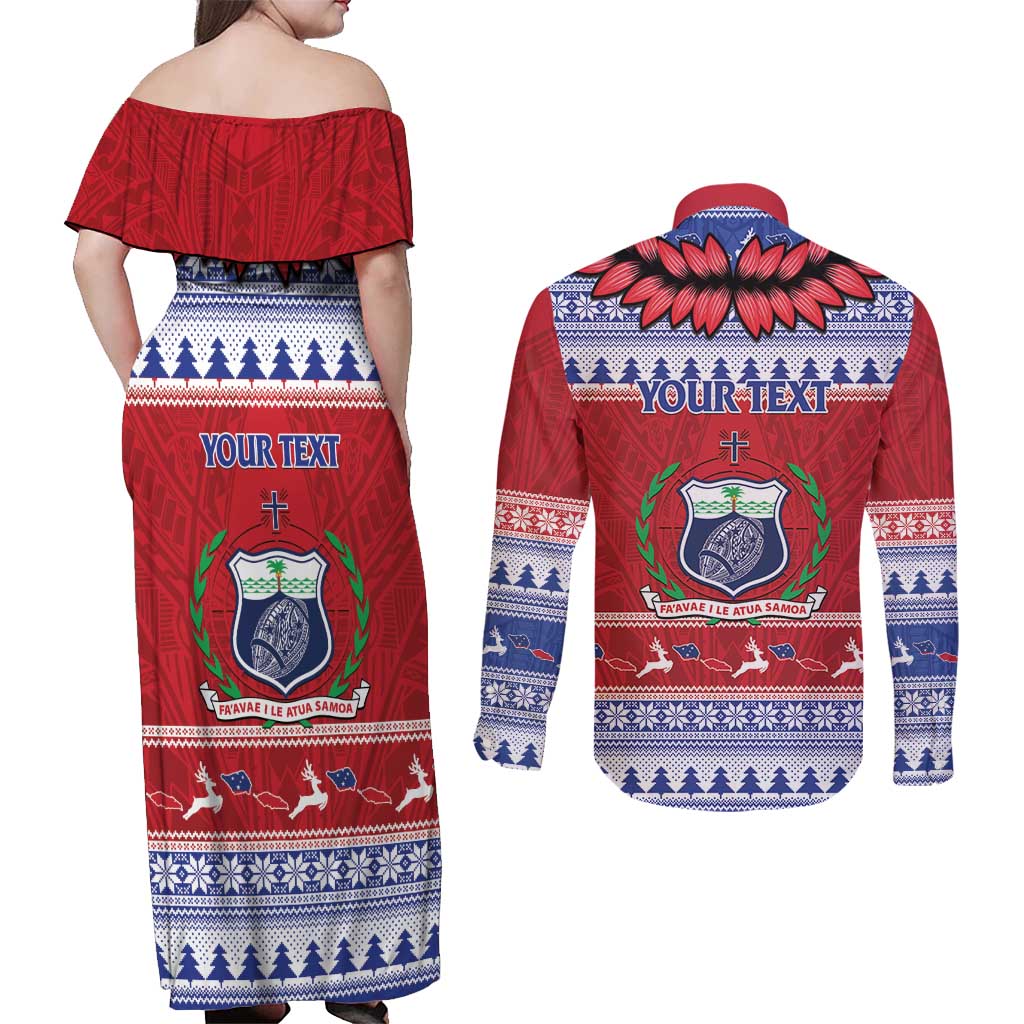 Personalised Toa Samoa Rugby Christmas Couples Matching Off Shoulder Maxi Dress and Long Sleeve Button Shirt Ula Fala Samoan Pattern Red - Polynesian Pride