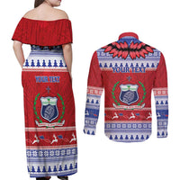 Personalised Toa Samoa Rugby Christmas Couples Matching Off Shoulder Maxi Dress and Long Sleeve Button Shirt Ula Fala Samoan Pattern Red - Polynesian Pride