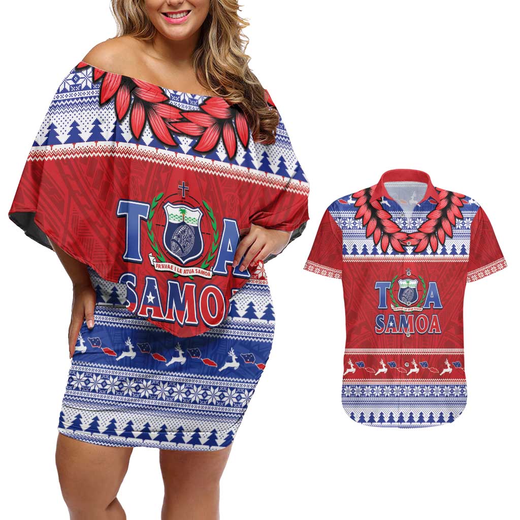 Personalised Toa Samoa Rugby Christmas Couples Matching Off Shoulder Short Dress and Hawaiian Shirt Ula Fala Samoan Pattern Red - Polynesian Pride
