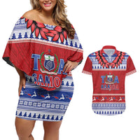 Personalised Toa Samoa Rugby Christmas Couples Matching Off Shoulder Short Dress and Hawaiian Shirt Ula Fala Samoan Pattern Red - Polynesian Pride