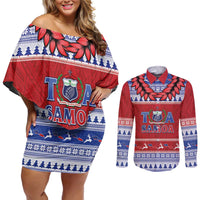 Personalised Toa Samoa Rugby Christmas Couples Matching Off Shoulder Short Dress and Long Sleeve Button Shirt Ula Fala Samoan Pattern Red - Polynesian Pride