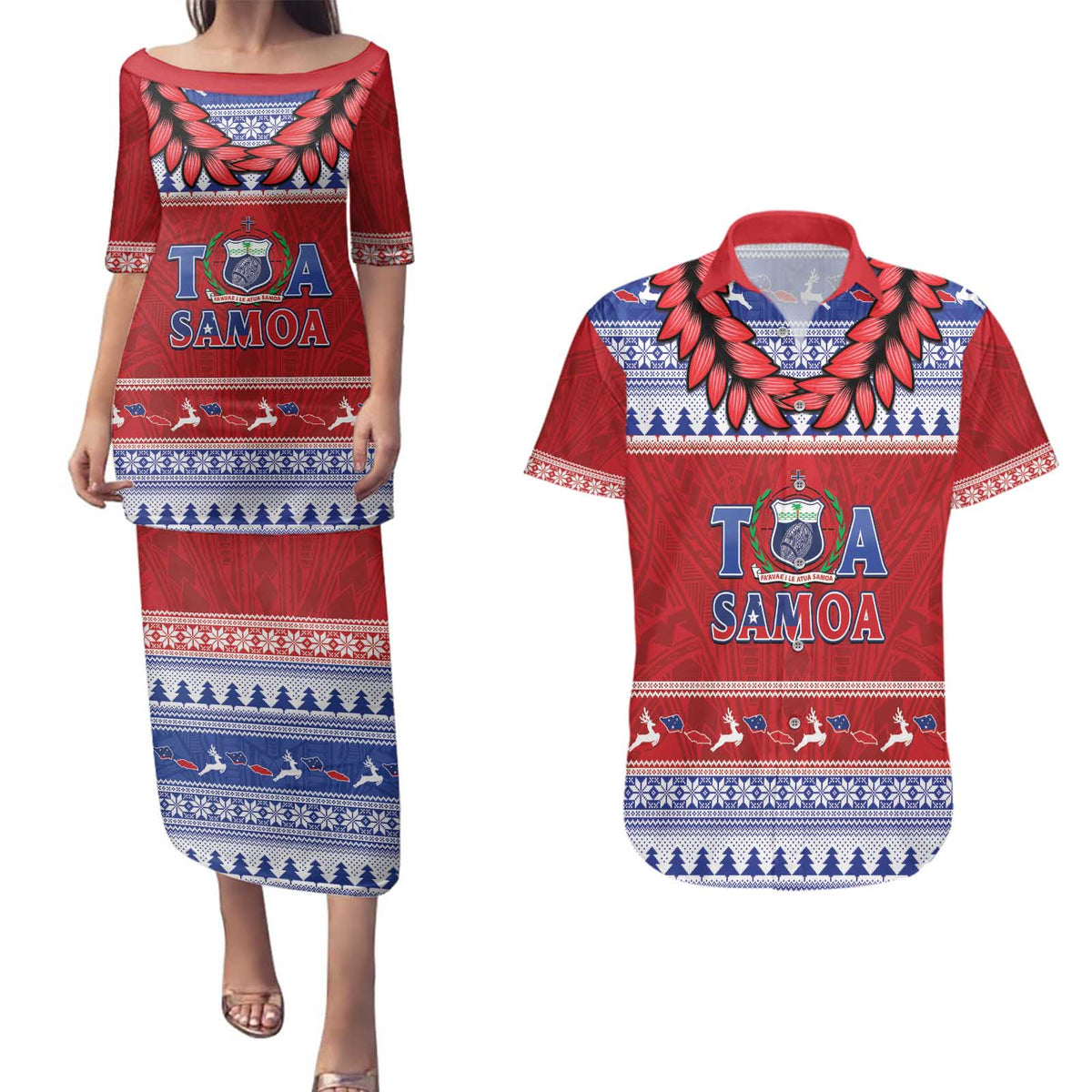 Personalised Toa Samoa Rugby Christmas Couples Matching Puletasi and Hawaiian Shirt Ula Fala Samoan Pattern Red - Polynesian Pride