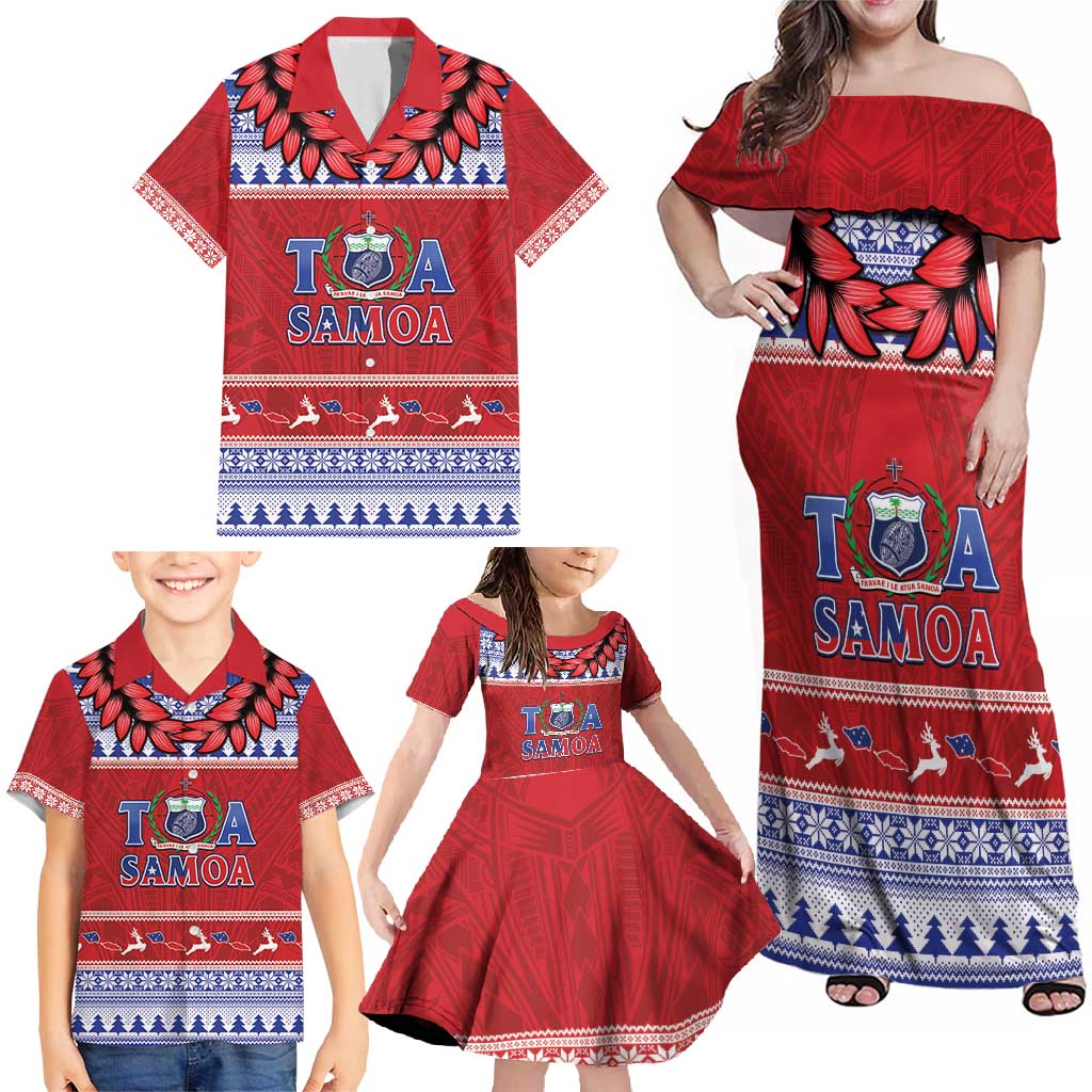 Personalised Toa Samoa Rugby Christmas Family Matching Off Shoulder Maxi Dress and Hawaiian Shirt Ula Fala Samoan Pattern Red - Polynesian Pride