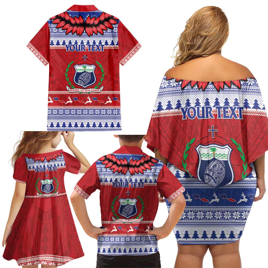 Personalised Toa Samoa Rugby Christmas Family Matching Off Shoulder Short Dress and Hawaiian Shirt Ula Fala Samoan Pattern Red - Polynesian Pride
