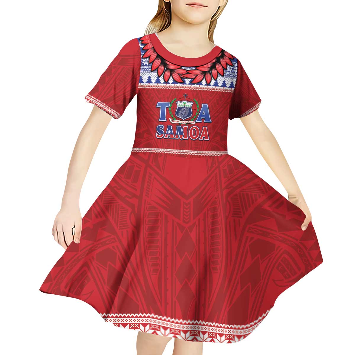 Personalised Toa Samoa Rugby Christmas Kid Short Sleeve Dress Ula Fala Samoan Pattern Red - Polynesian Pride