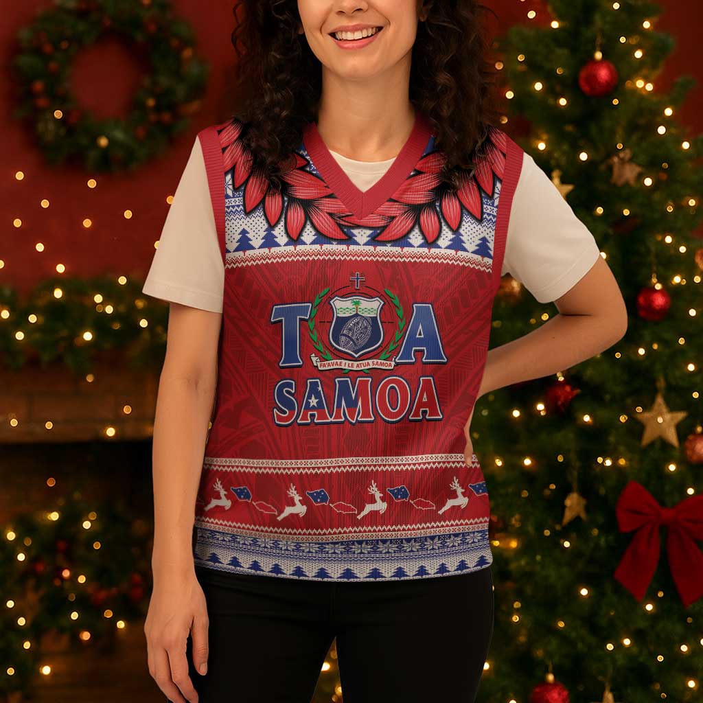 Personalised Toa Samoa Rugby Christmas Knitted V-Neck Vest Ula Fala Samoan Pattern Red - Polynesian Pride