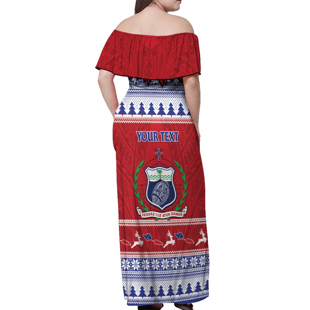 Personalised Toa Samoa Rugby Christmas Off Shoulder Maxi Dress Ula Fala Samoan Pattern Red - Polynesian Pride