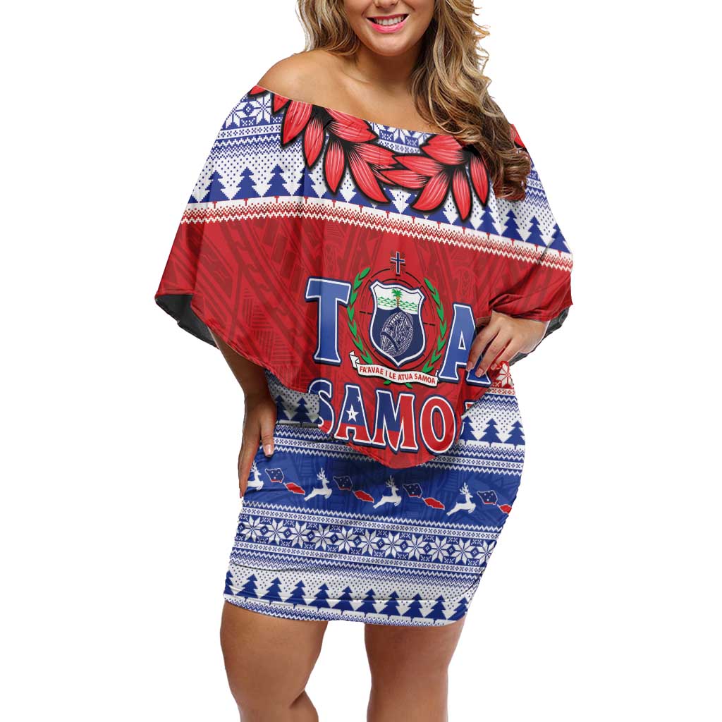 Personalised Toa Samoa Rugby Christmas Off Shoulder Short Dress Ula Fala Samoan Pattern Red - Polynesian Pride