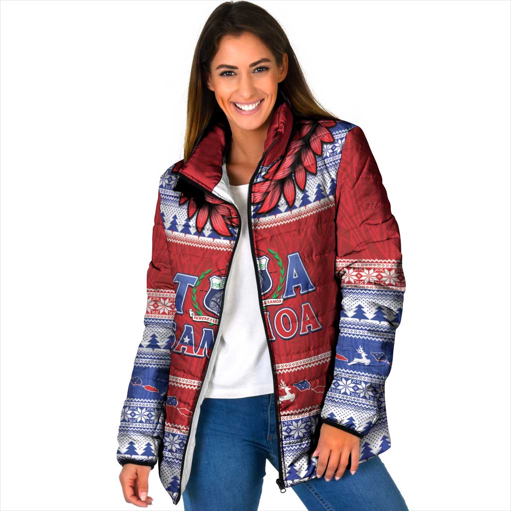 Personalised Toa Samoa Rugby Christmas Padded Jacket Ula Fala Samoan Pattern Red - Polynesian Pride