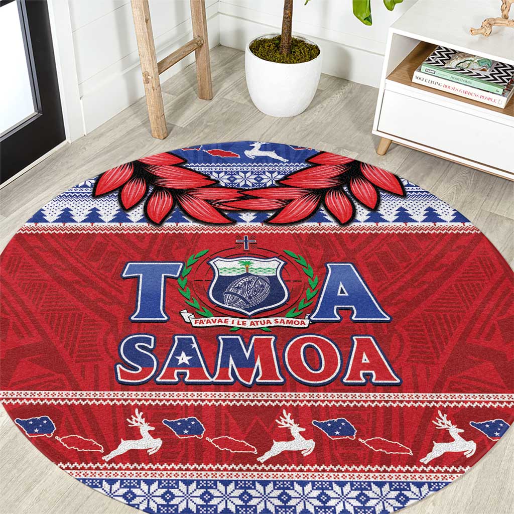 Toa Samoa Rugby Christmas Round Carpet Ula Fala Samoan Pattern Red - Polynesian Pride