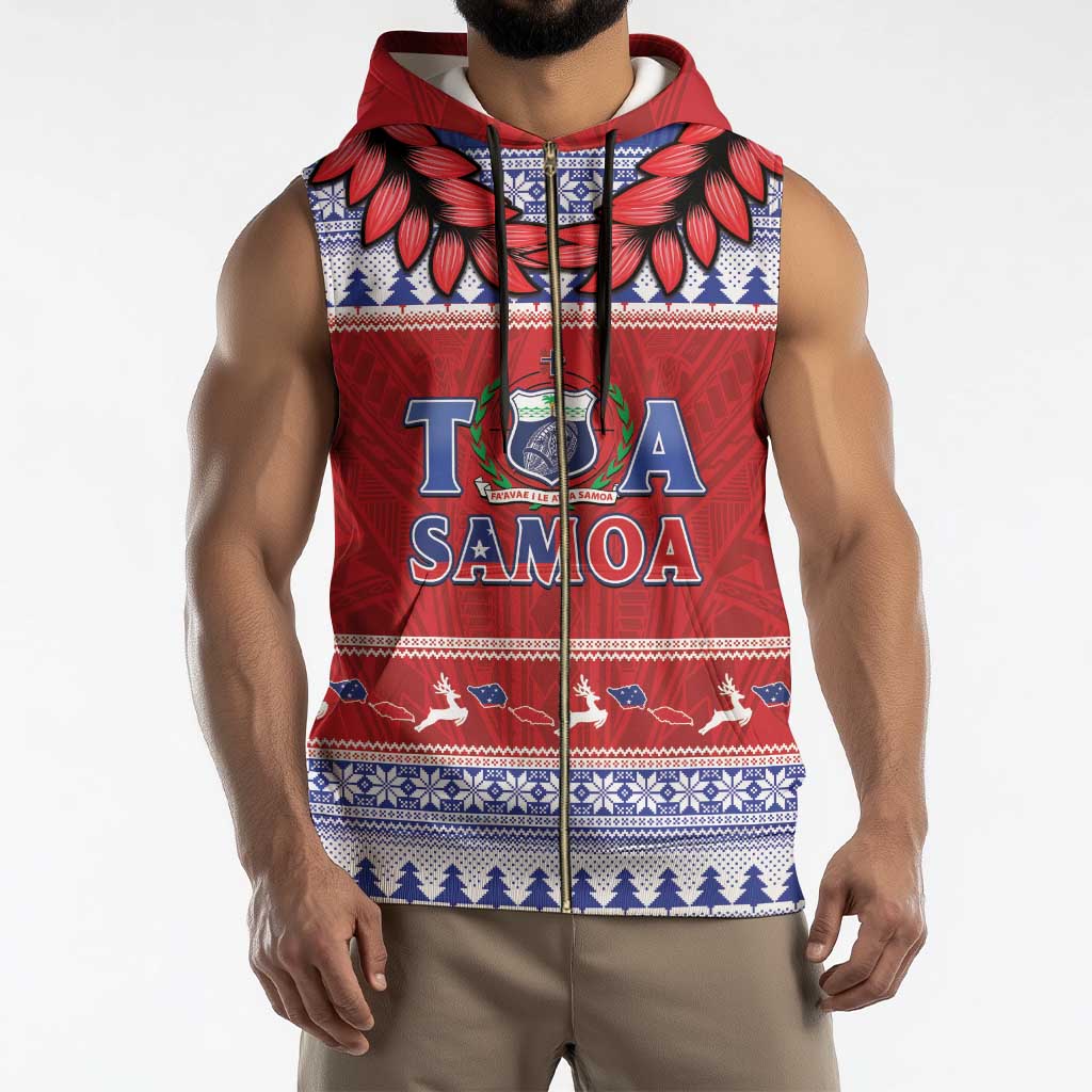 Personalised Toa Samoa Rugby Christmas Sleeveless Zip Hoodie Ula Fala Samoan Pattern Red - Polynesian Pride