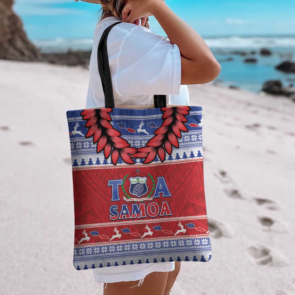 Toa Samoa Rugby Christmas Tote Bag Ula Fala Samoan Pattern Red - Polynesian Pride