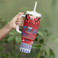 Toa Samoa Rugby Christmas Tumbler With Handle Ula Fala Samoan Pattern Red - Polynesian Pride