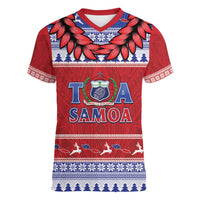 Personalised Toa Samoa Rugby Christmas Women V-Neck T-Shirt Ula Fala Samoan Pattern Red - Polynesian Pride