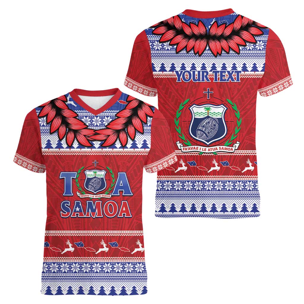Personalised Toa Samoa Rugby Christmas Women V-Neck T-Shirt Ula Fala Samoan Pattern Red - Polynesian Pride