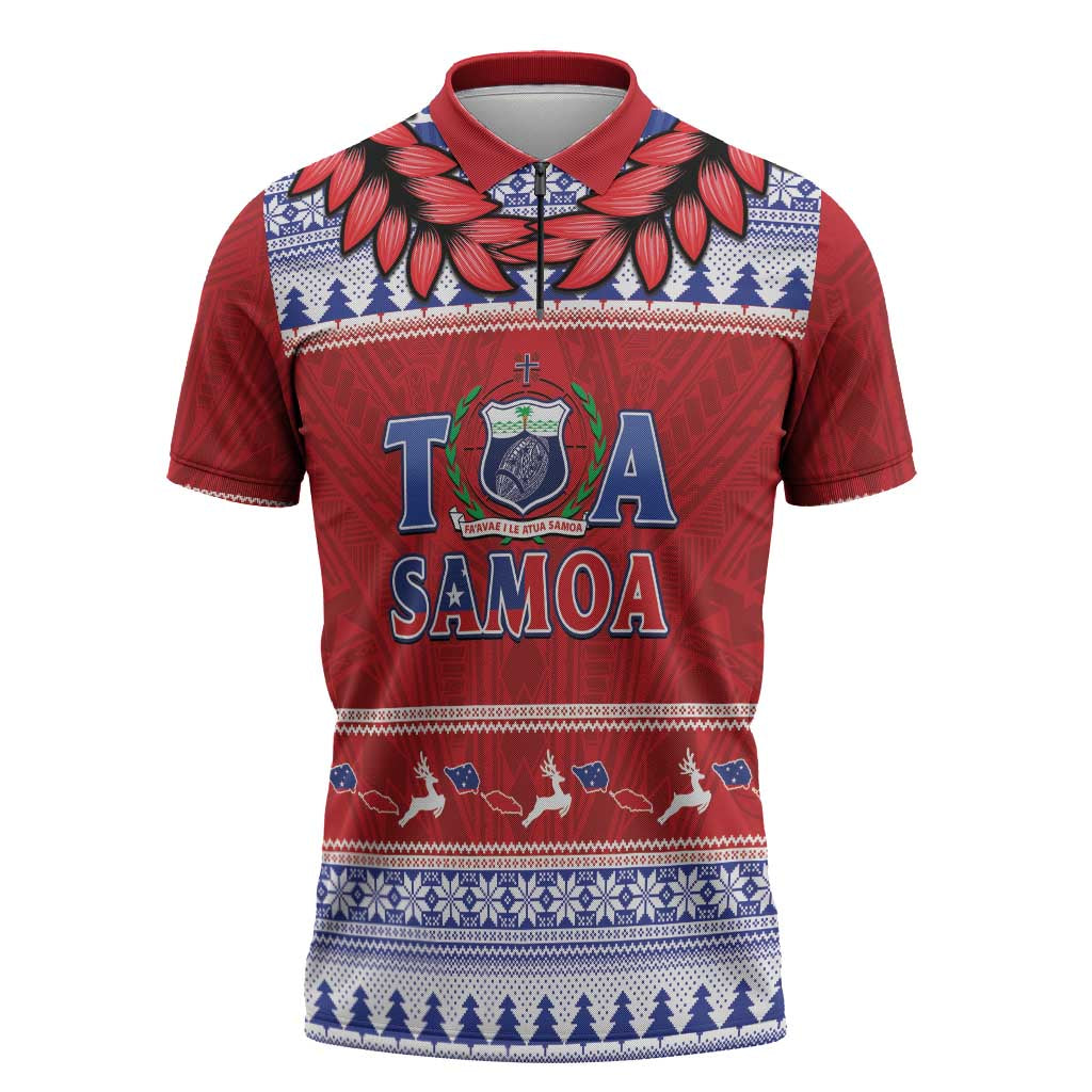 Personalised Toa Samoa Rugby Christmas Zipper Polo Shirt Ula Fala Samoan Pattern Red - Polynesian Pride