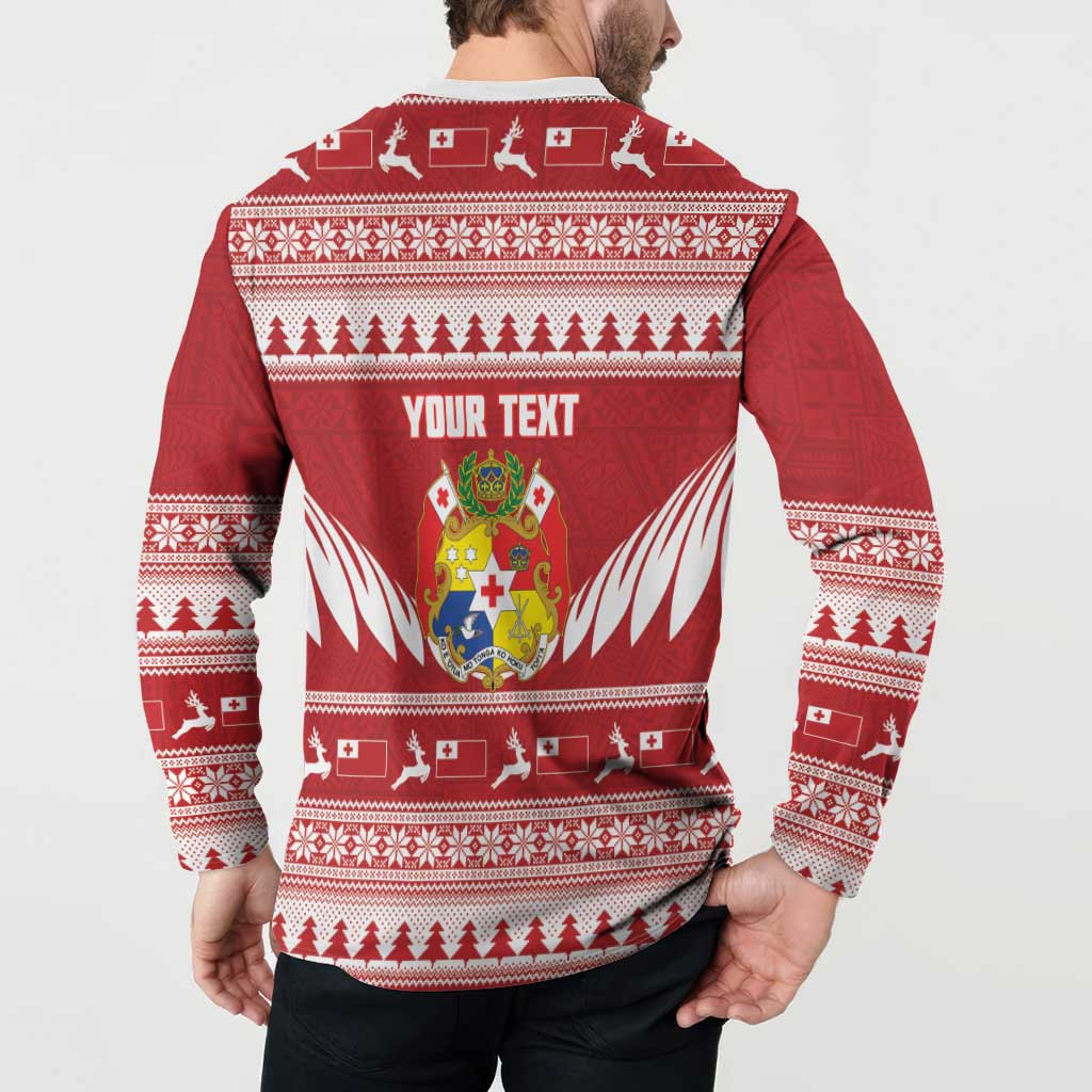 Personalised Tonga Rugby Christmas Button Sweatshirt Mate Maa Tonga Ngatu Pattern - Polynesian Pride