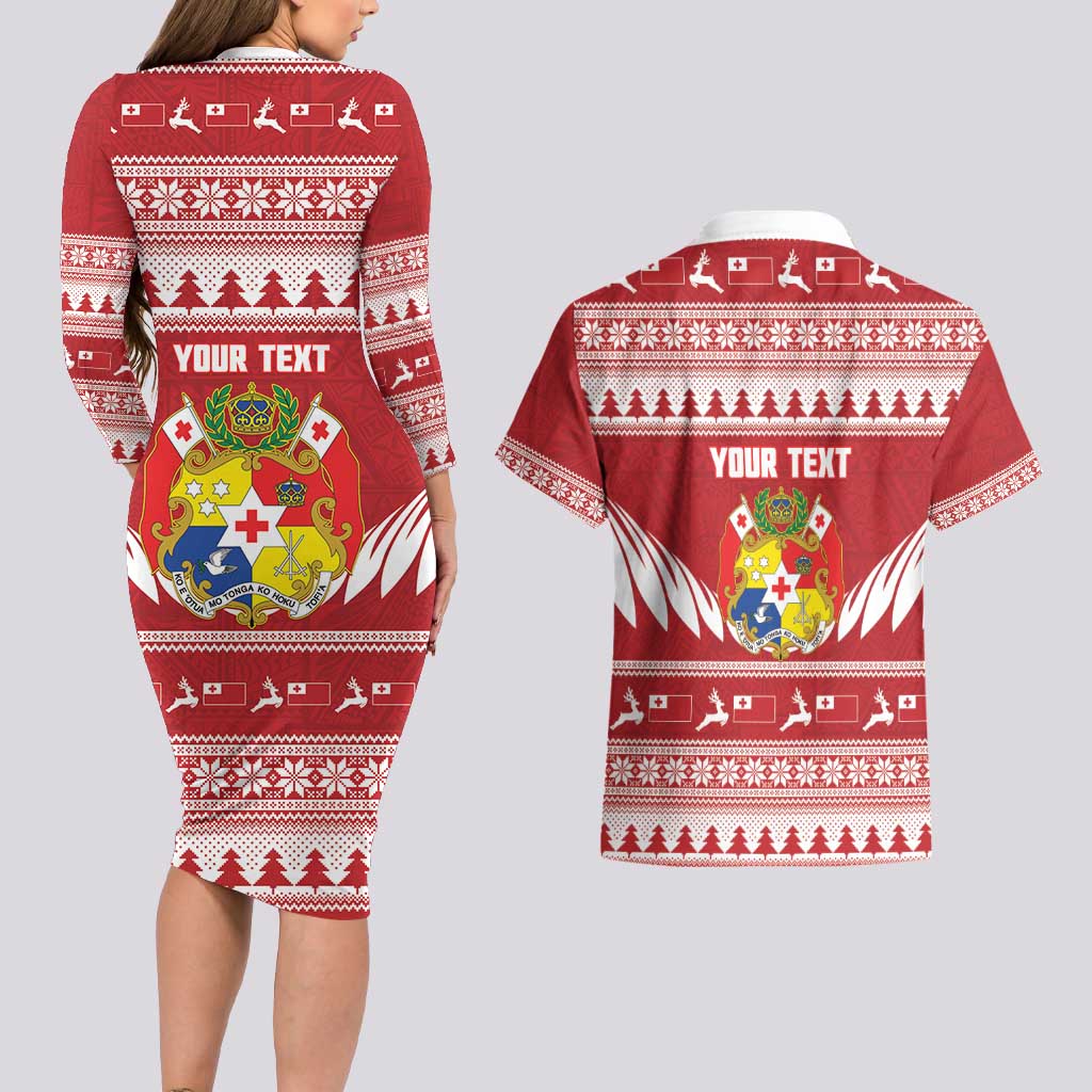 Personalised Tonga Rugby Christmas Couples Matching Long Sleeve Bodycon Dress and Hawaiian Shirt Mate Maa Tonga Ngatu Pattern - Polynesian Pride