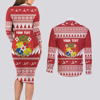 Personalised Tonga Rugby Christmas Couples Matching Long Sleeve Bodycon Dress and Long Sleeve Button Shirt Mate Maa Tonga Ngatu Pattern - Polynesian Pride