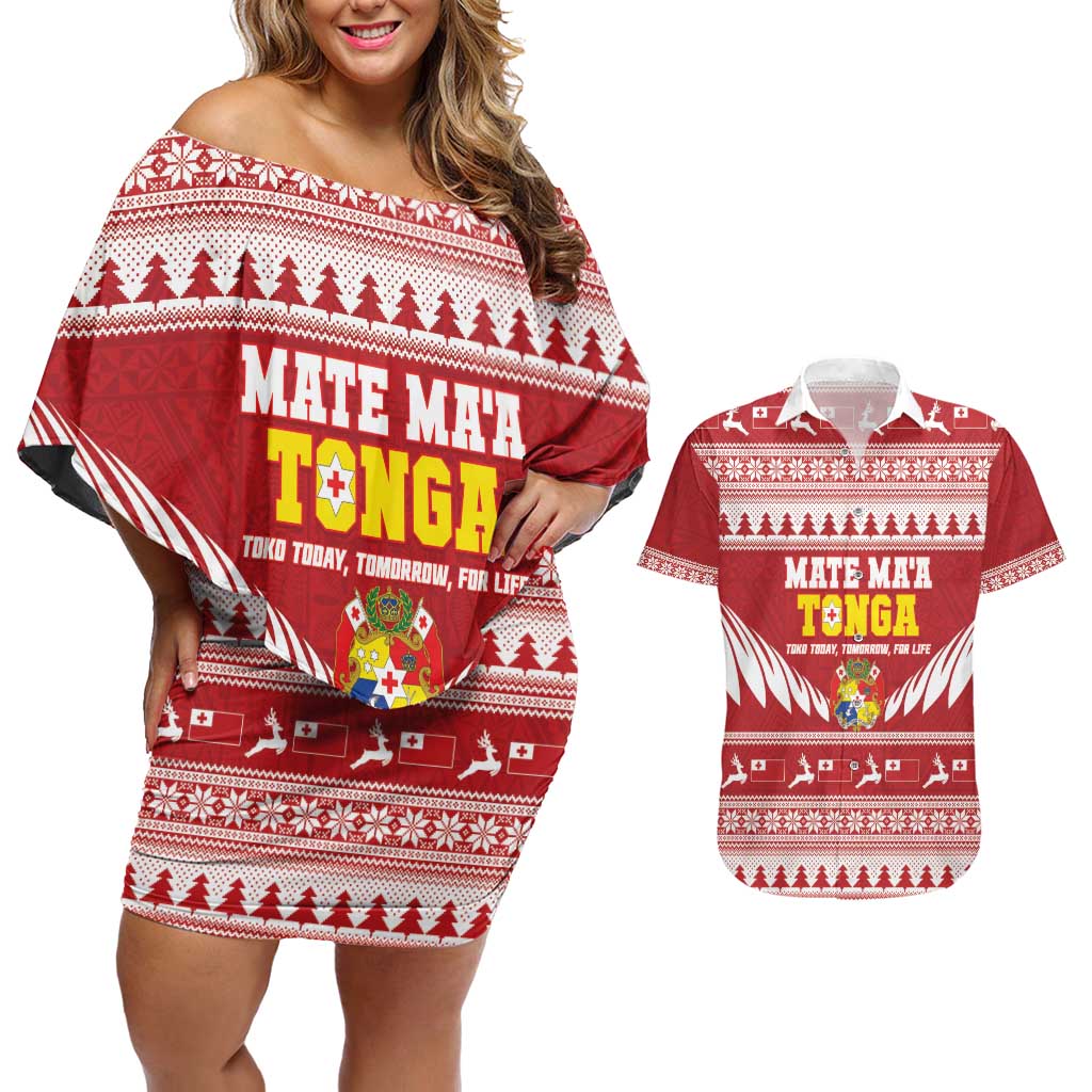 Personalised Tonga Rugby Christmas Couples Matching Off Shoulder Short Dress and Hawaiian Shirt Mate Maa Tonga Ngatu Pattern - Polynesian Pride