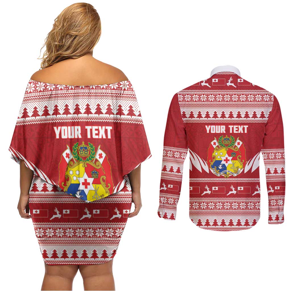 Personalised Tonga Rugby Christmas Couples Matching Off Shoulder Short Dress and Long Sleeve Button Shirt Mate Maa Tonga Ngatu Pattern - Polynesian Pride
