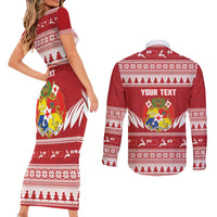 Personalised Tonga Rugby Christmas Couples Matching Short Sleeve Bodycon Dress and Long Sleeve Button Shirt Mate Maa Tonga Ngatu Pattern - Polynesian Pride