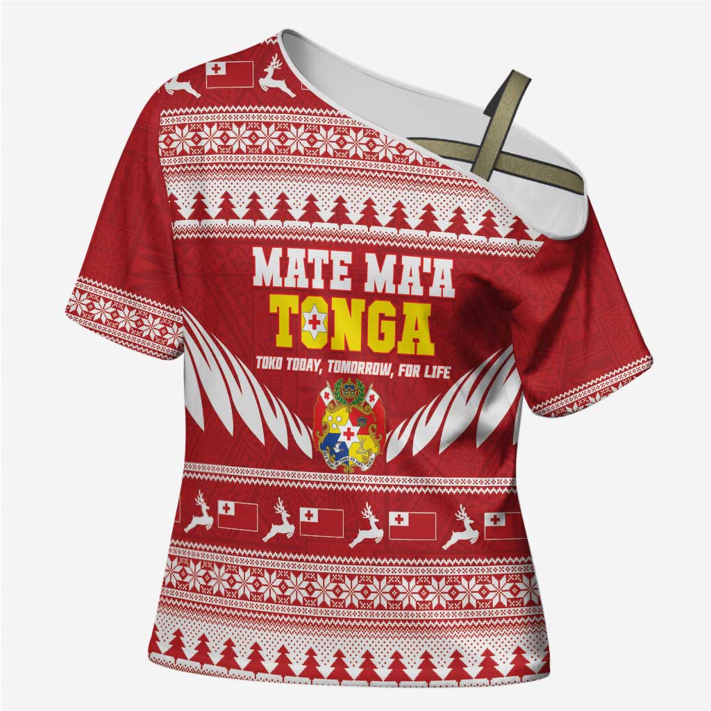 Personalised Tonga Rugby Christmas Cross Shoulder Shirt Mate Maa Tonga Ngatu Pattern - Polynesian Pride