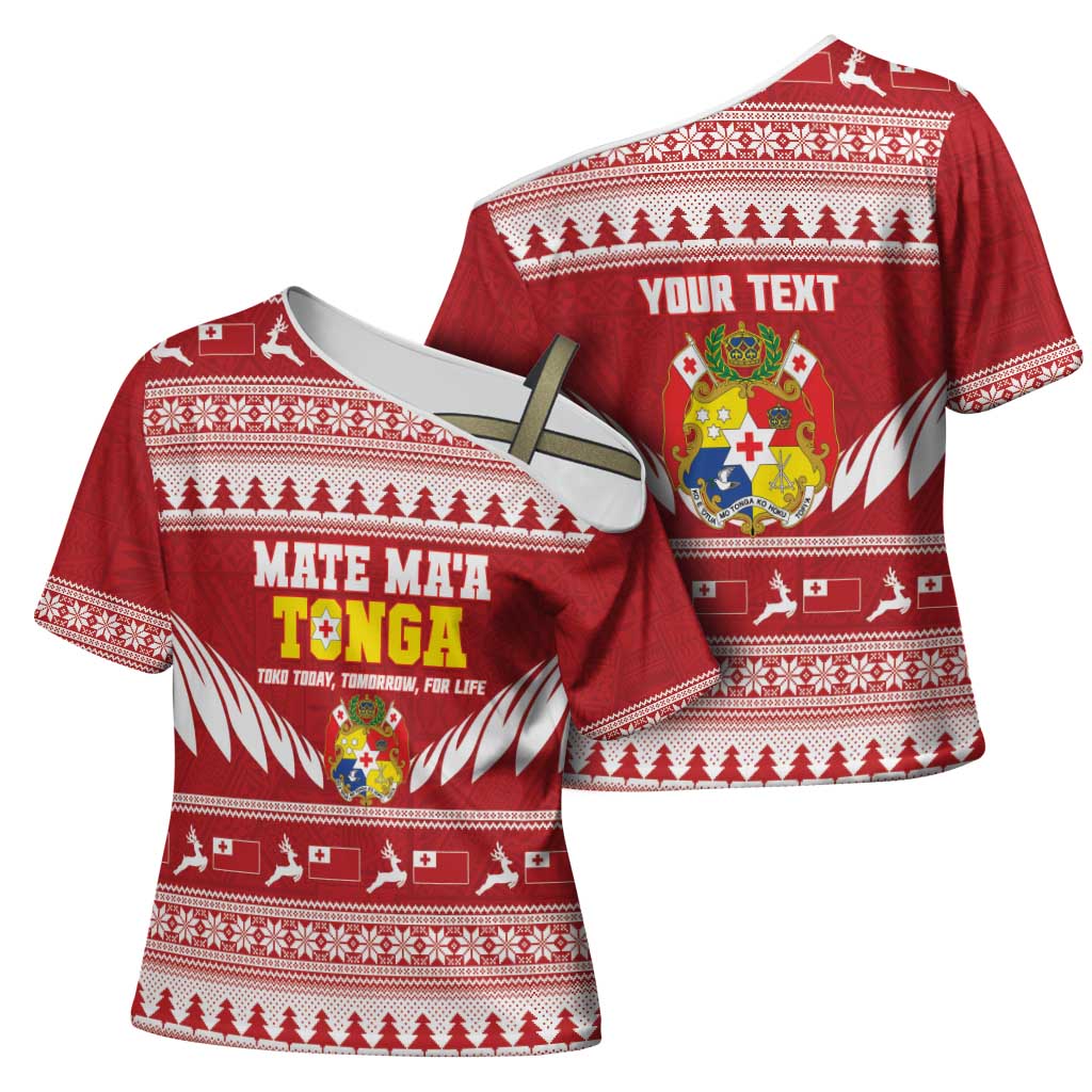 Personalised Tonga Rugby Christmas Cross Shoulder Shirt Mate Maa Tonga Ngatu Pattern - Polynesian Pride