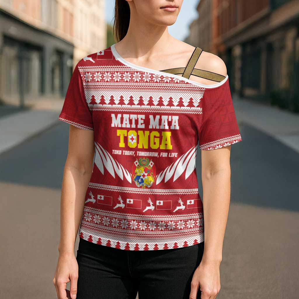 Personalised Tonga Rugby Christmas Cross Shoulder Shirt Mate Maa Tonga Ngatu Pattern - Polynesian Pride