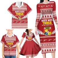 Personalised Tonga Rugby Christmas Family Matching Long Sleeve Bodycon Dress and Hawaiian Shirt Mate Maa Tonga Ngatu Pattern - Polynesian Pride