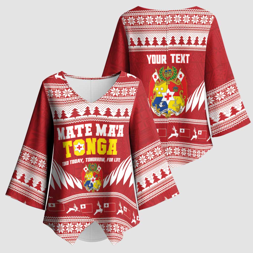 Personalised Tonga Rugby Christmas Kimono Sleeve Blouse Mate Maa Tonga Ngatu Pattern - Polynesian Pride