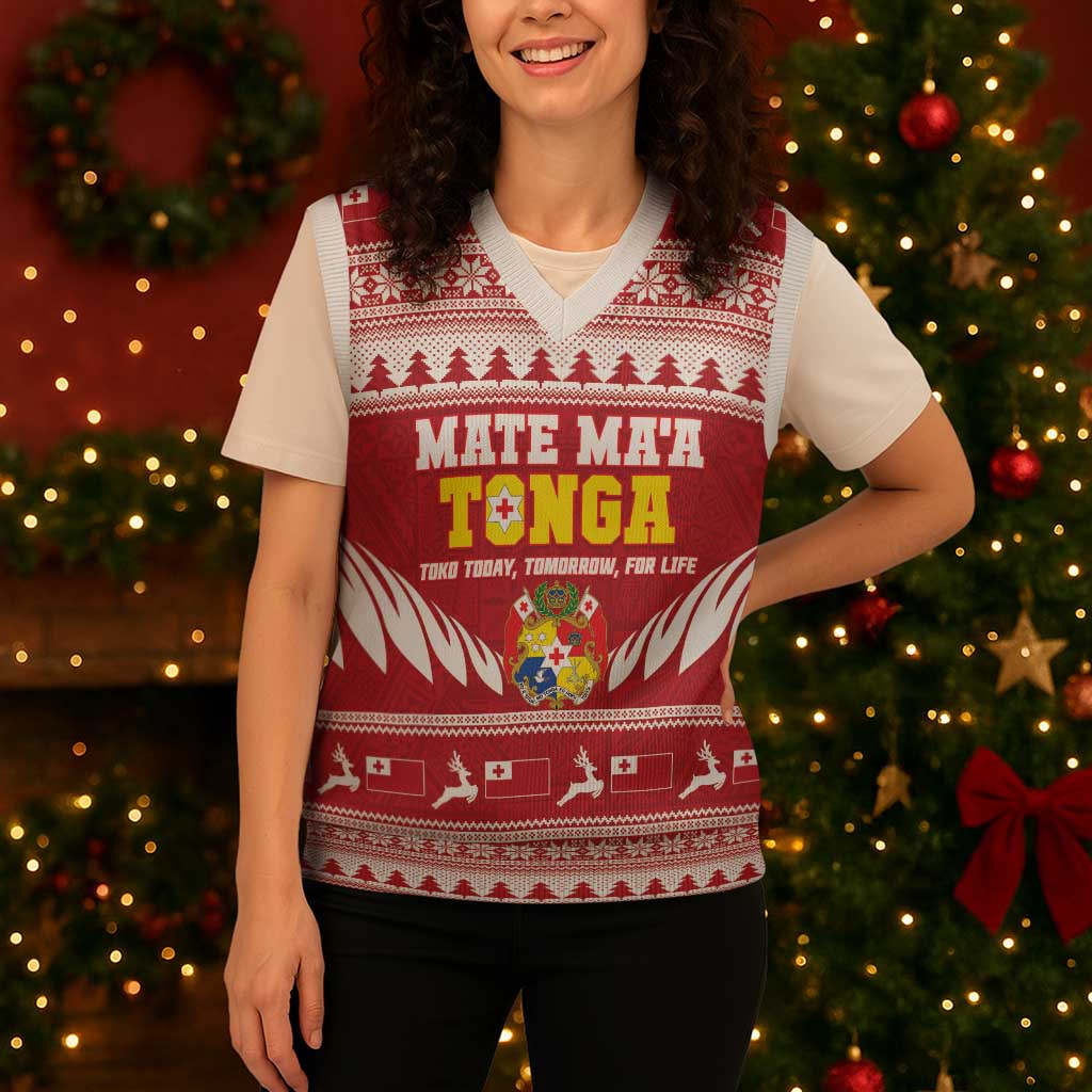 Personalised Tonga Rugby Christmas Knitted V-Neck Vest Mate Maa Tonga Ngatu Pattern - Polynesian Pride
