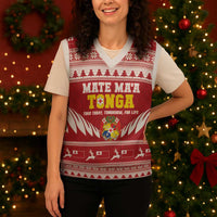 Personalised Tonga Rugby Christmas Knitted V-Neck Vest Mate Maa Tonga Ngatu Pattern - Polynesian Pride