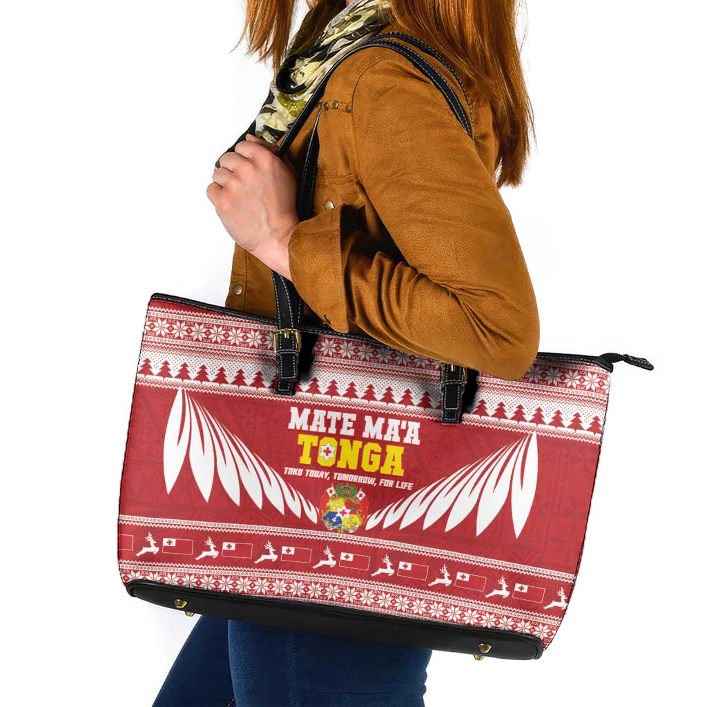 Tonga Rugby Christmas Leather Tote Bag Mate Maa Tonga Ngatu Pattern - Polynesian Pride