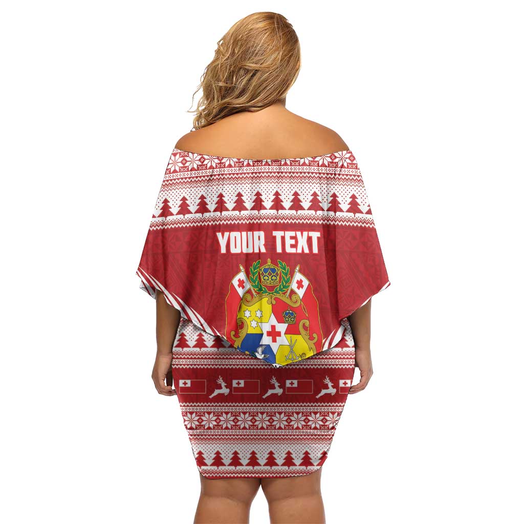 Personalised Tonga Rugby Christmas Off Shoulder Short Dress Mate Maa Tonga Ngatu Pattern - Polynesian Pride