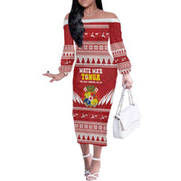 Personalised Tonga Rugby Christmas Off The Shoulder Long Sleeve Dress Mate Maa Tonga Ngatu Pattern - Polynesian Pride