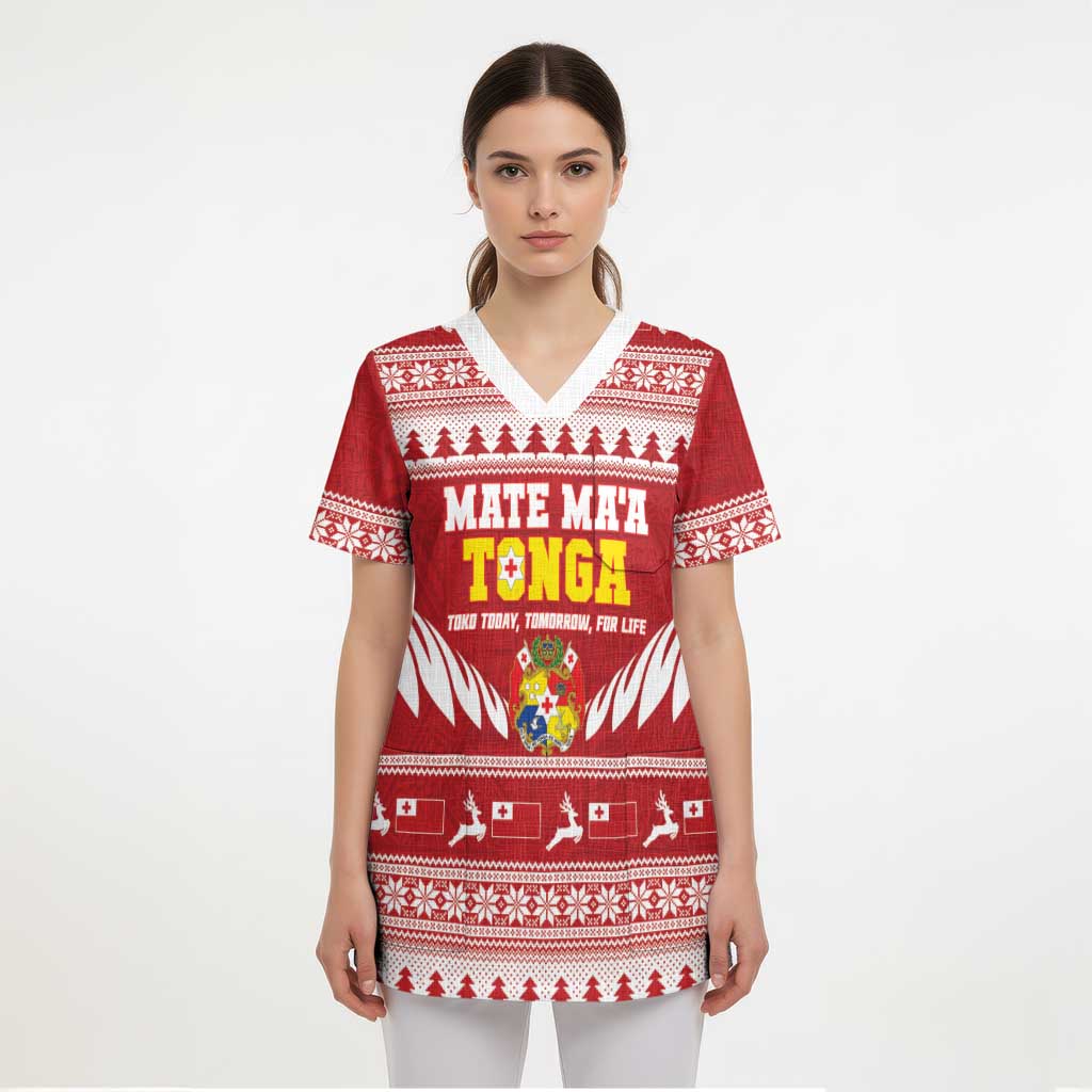 Personalised Tonga Rugby Christmas Scrub Top Mate Maa Tonga Ngatu Pattern - Polynesian Pride
