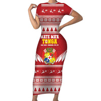 Personalised Tonga Rugby Christmas Short Sleeve Bodycon Dress Mate Maa Tonga Ngatu Pattern - Polynesian Pride
