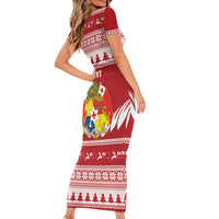 Personalised Tonga Rugby Christmas Short Sleeve Bodycon Dress Mate Maa Tonga Ngatu Pattern - Polynesian Pride