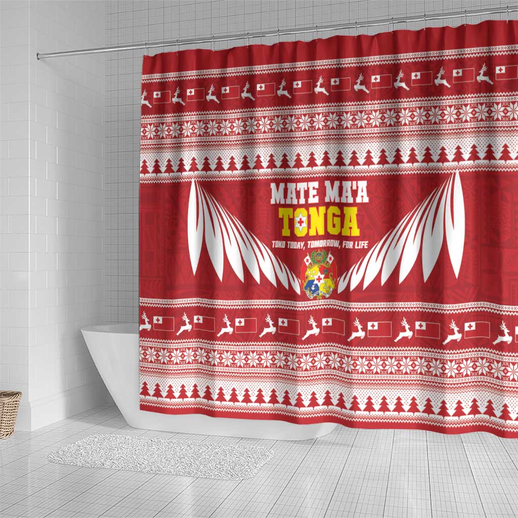 Tonga Rugby Christmas Shower Curtain Mate Maa Tonga Ngatu Pattern - Polynesian Pride