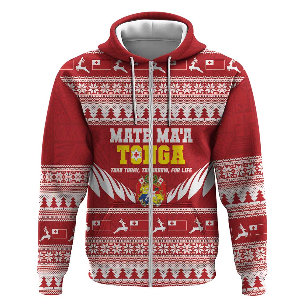 Personalised Tonga Rugby Christmas Zip Hoodie Mate Maa Tonga Ngatu Pattern - Polynesian Pride