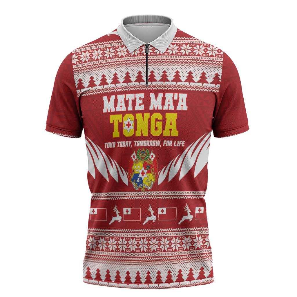 Personalised Tonga Rugby Christmas Zipper Polo Shirt Mate Maa Tonga Ngatu Pattern - Polynesian Pride