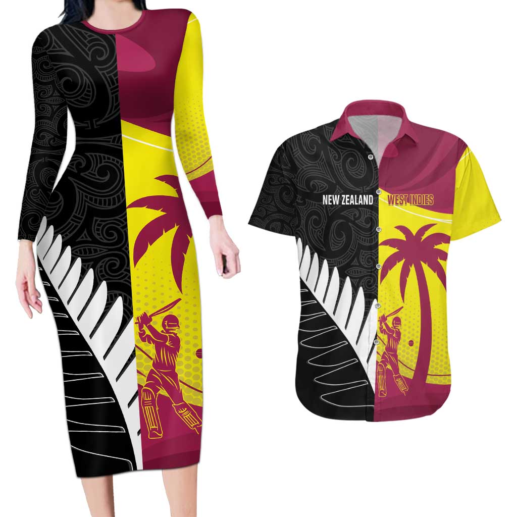 New Zealand and West Indies Cricket Custom Couples Matching Long Sleeve Bodycon Dress and Hawaiian Shirt Black Cap Windies Together - Polynesian Pride
