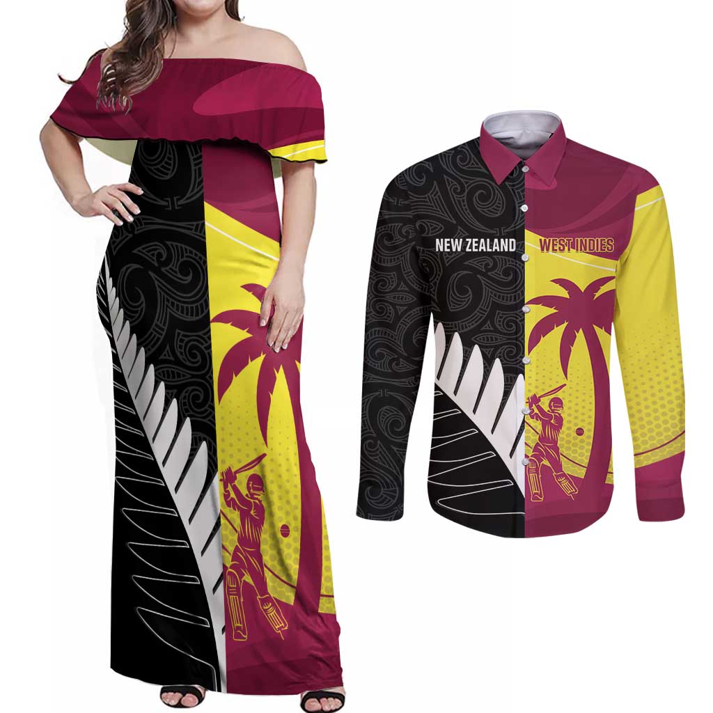 New Zealand and West Indies Cricket Custom Couples Matching Off Shoulder Maxi Dress and Long Sleeve Button Shirt Black Cap Windies Together - Polynesian Pride