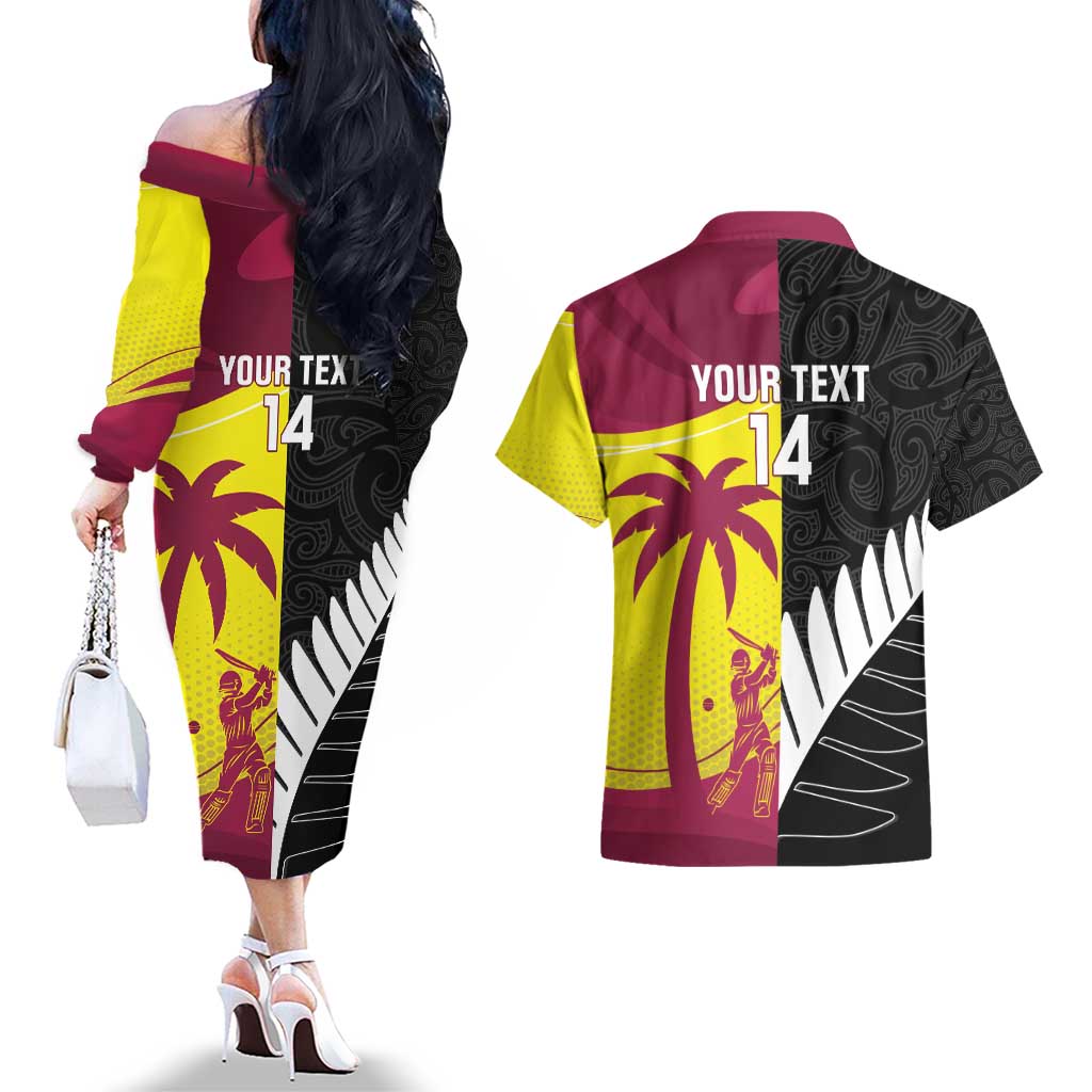 New Zealand and West Indies Cricket Custom Couples Matching Off The Shoulder Long Sleeve Dress and Hawaiian Shirt Black Cap Windies Together - Polynesian Pride