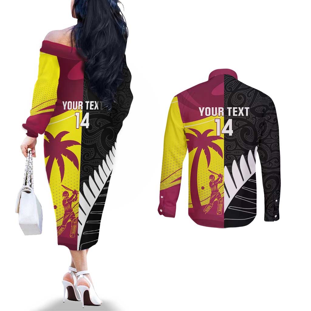 New Zealand and West Indies Cricket Custom Couples Matching Off The Shoulder Long Sleeve Dress and Long Sleeve Button Shirt Black Cap Windies Together - Polynesian Pride